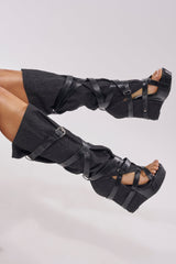 AZALEA WANG ROTHKID BLACK DENIM KNEE HIGH OPEN TOE BOOT