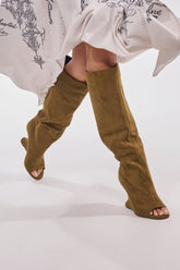 AZALEA WANG VINCENT OLIVE FAUX SUDED OPEN TOE WEDGE BOOT