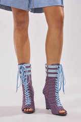 AZALEA WANG WYATT BLUE MULTI STRIPE WEDGE BOOTIE