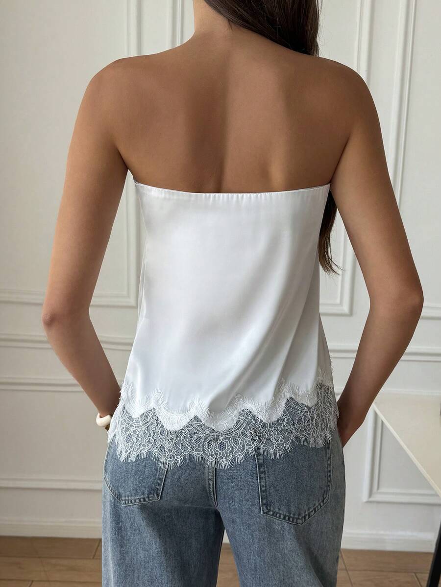 French Satin Lace Patchwork Hem Elegant Sexy Bandeau Top, Beach Vacation, Travel Outfit Summer - Coffee Brown