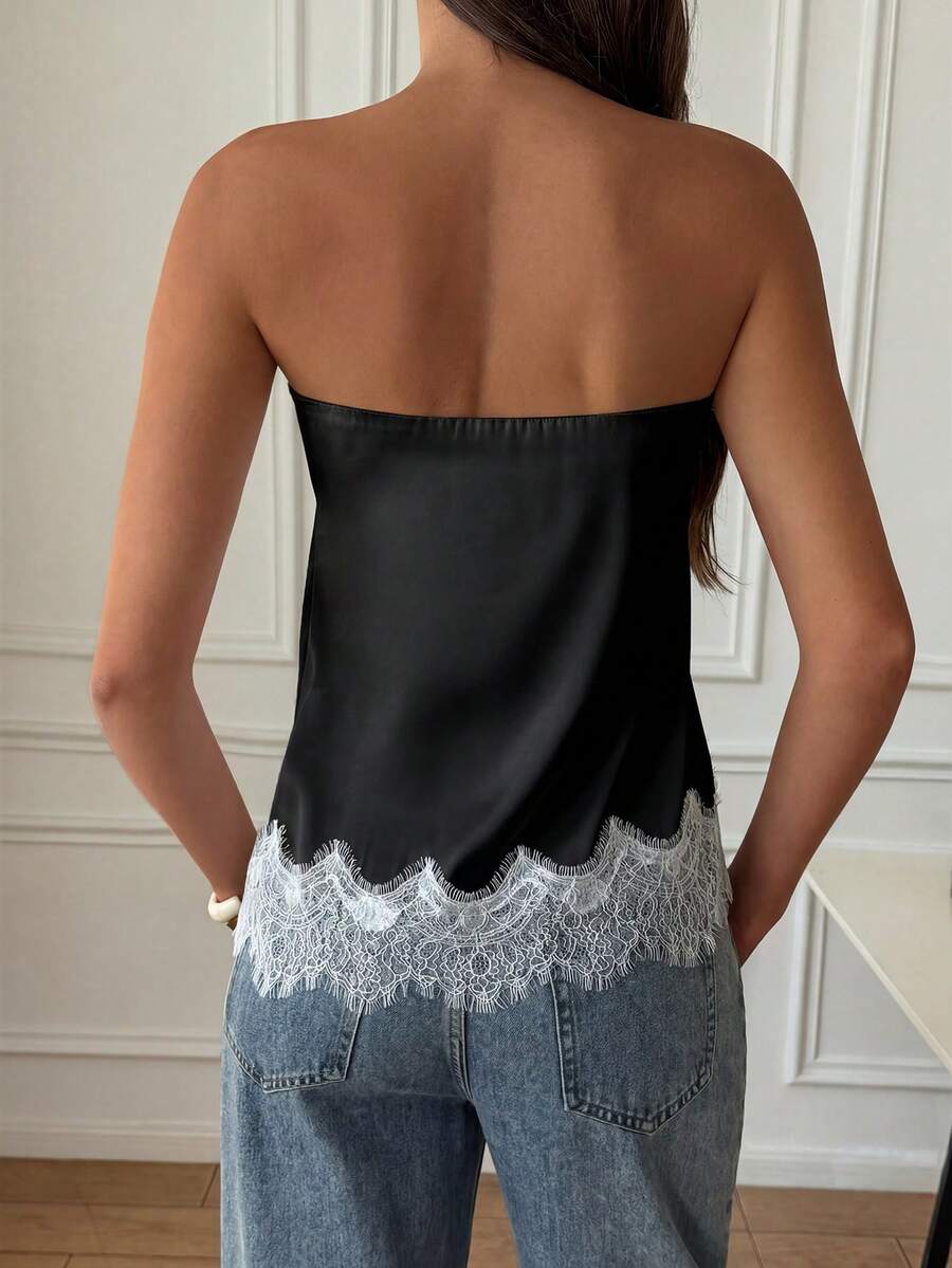 French Satin Lace Patchwork Hem Elegant Sexy Bandeau Top, Beach Vacation, Travel Outfit Summer