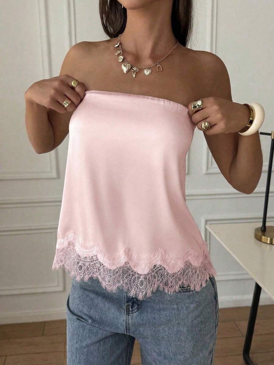 French Satin Lace Patchwork Hem Elegant Sexy Bandeau Top, Beach Vacation, Travel Outfit Summer