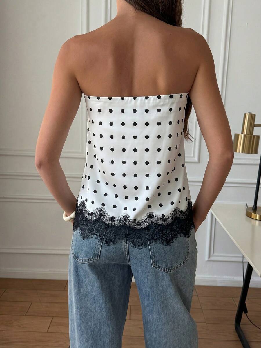 French Satin Lace Patchwork Hem Elegant Sexy Bandeau Top, Beach Vacation, Travel Outfit Summer