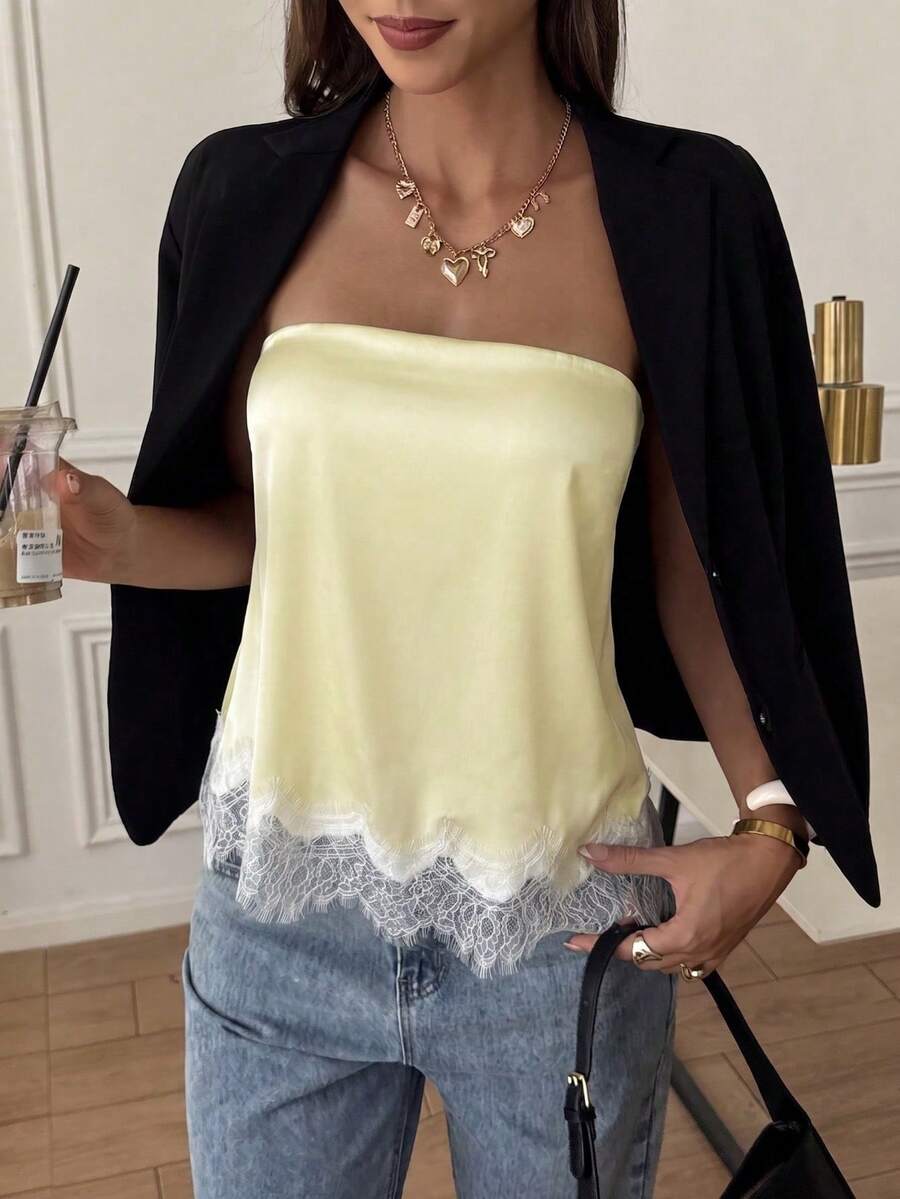 French Satin Lace Patchwork Hem Elegant Sexy Bandeau Top, Beach Vacation, Travel Outfit Summer