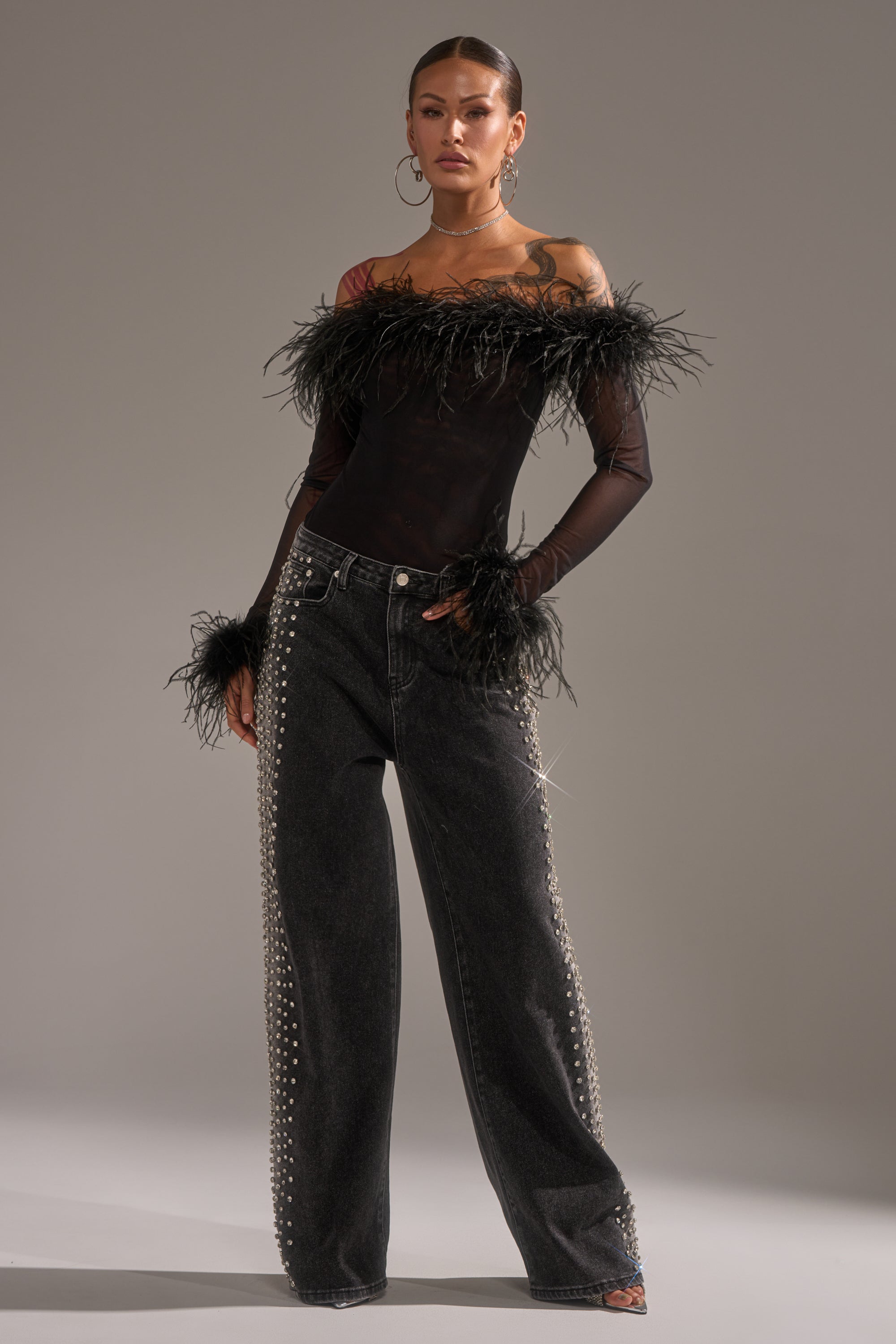 FREAKING FIRE EMBELLISHED DENIM