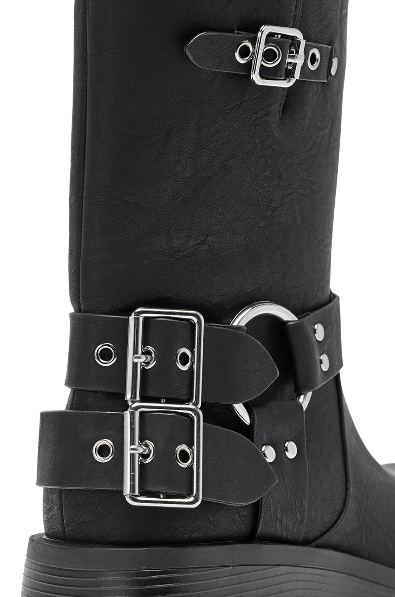 AZALEA WANG BUCKED BLACK CHUNKY HEEL COMBAT BOOTIE