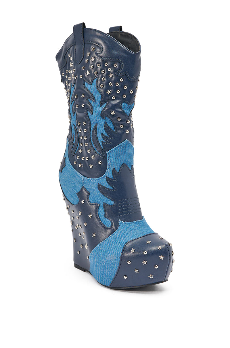 AZALEA WANG CALLIA DENIM WESTERN WEDGE BOOTIE