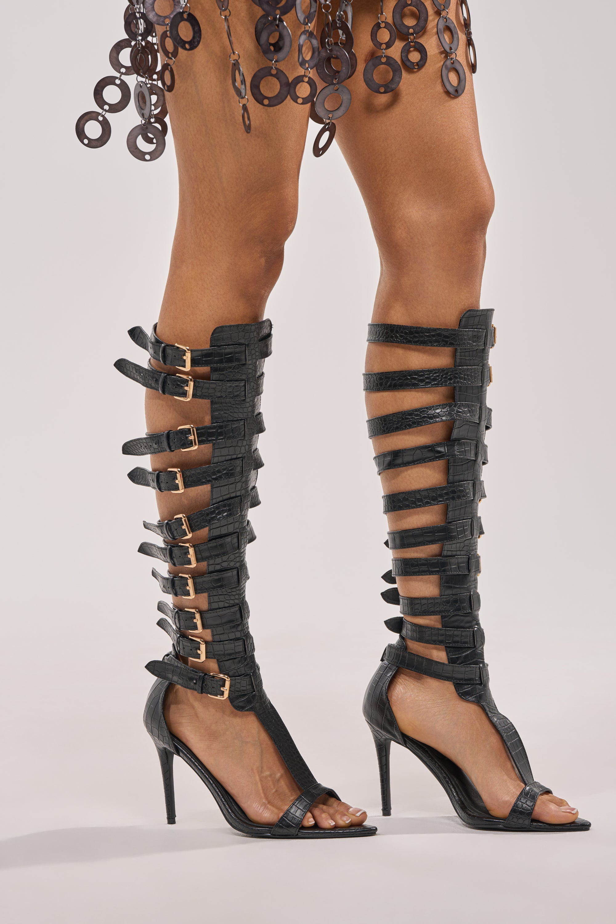 AZALEA WANG CHERLLI BLACK CROC OVER THE KNEE SANDAL