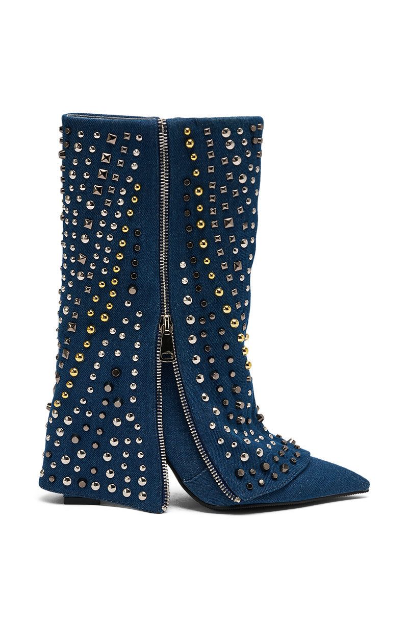 AZALEA WANG HENZI DENIM STUDDED CHUNKY BOOTIE