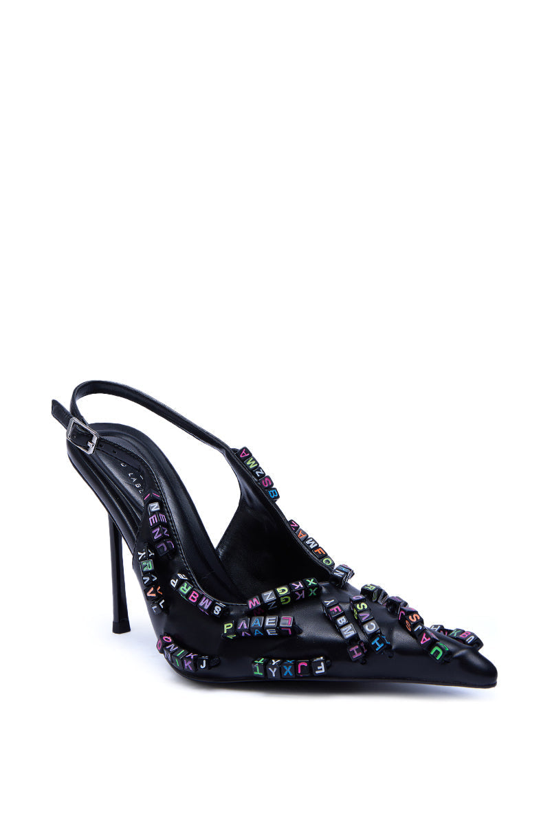 AKIRA LETTER BEAD EMBELLISHED SLING BACK NOVELTY PUMP