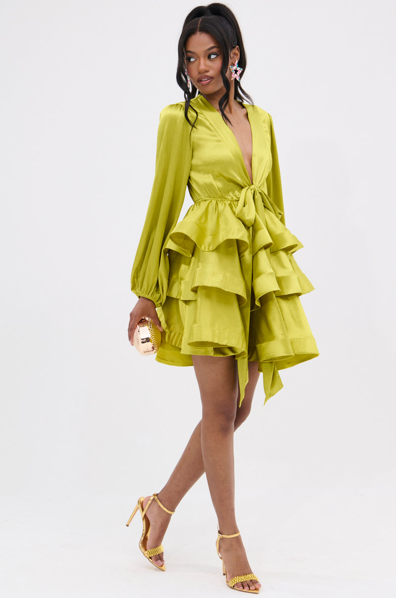 ARIANA SATIN RUFFLED MINI DRESS IN GREEN