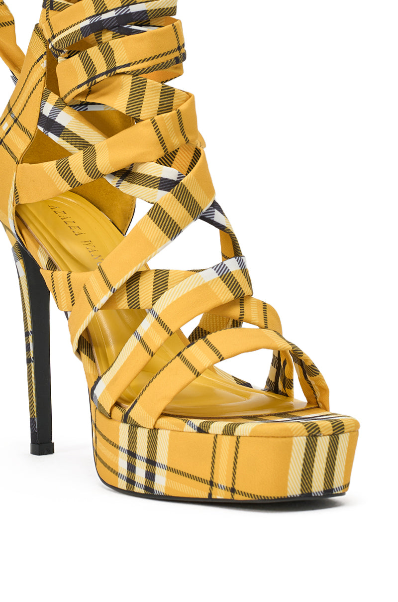 AZALEA WANG JEMISHA YELLOW PLAID PLATFORM LACE UP SANDAL