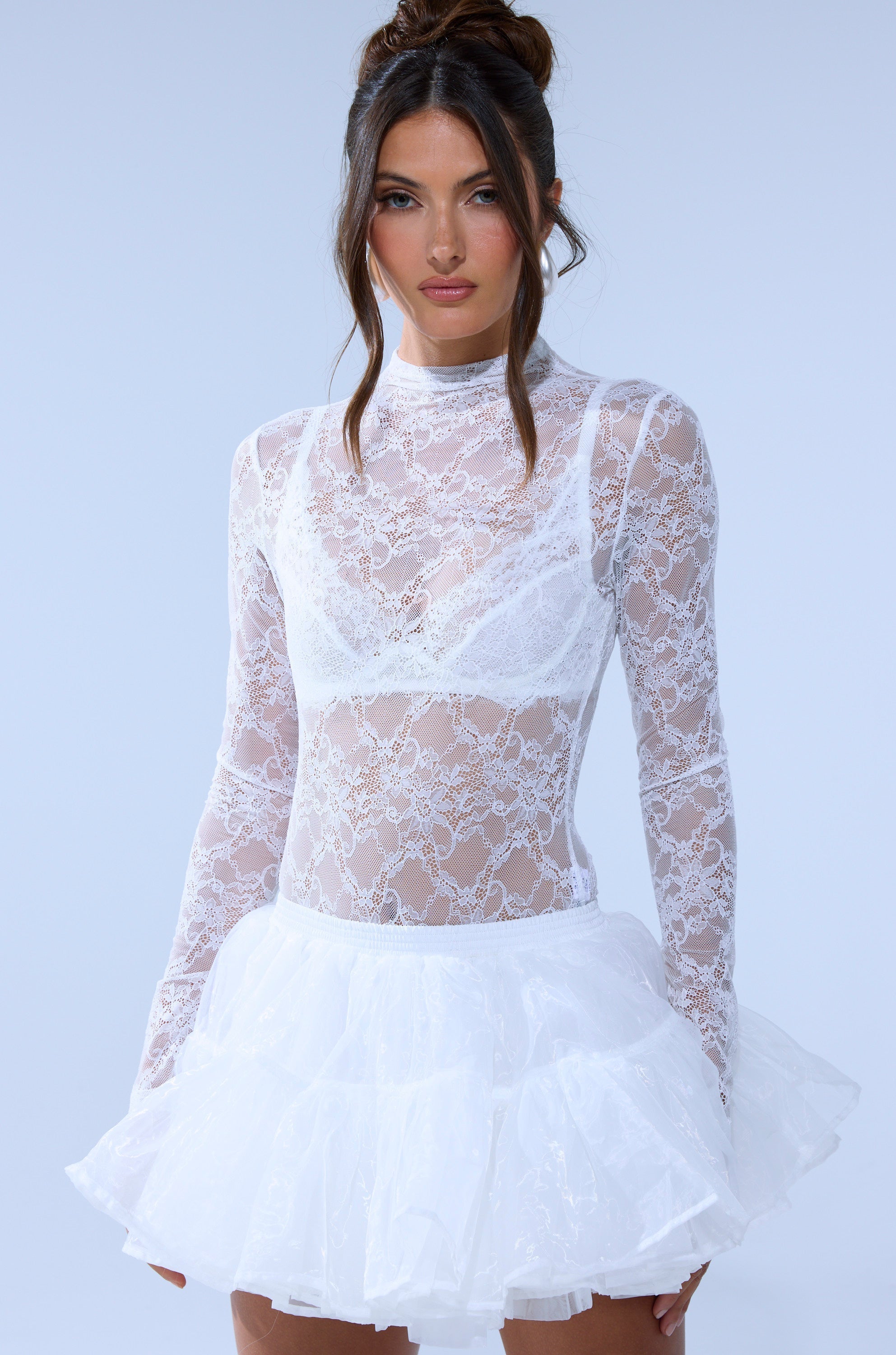 EVERYDAY MOCK NECK LACE BODYSUIT IN WHITE