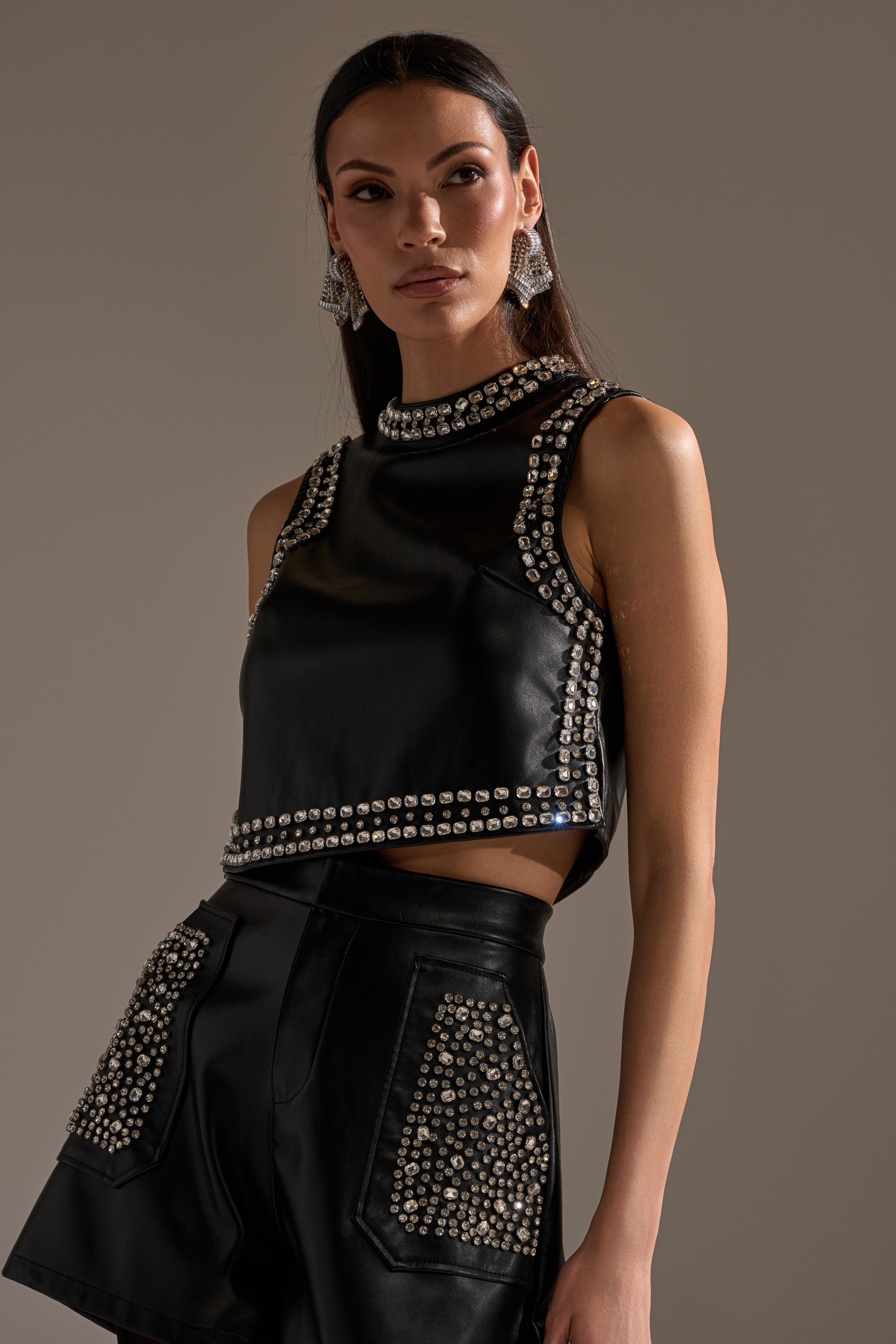 DANCE THE NIGHT AWAY FAUX LEATHER RHINESTONE BLOUSE
