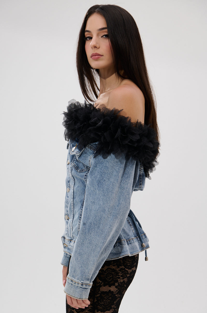 DANA OFF THE SHOULDER RUFFLE DETAIL DENIM TOP