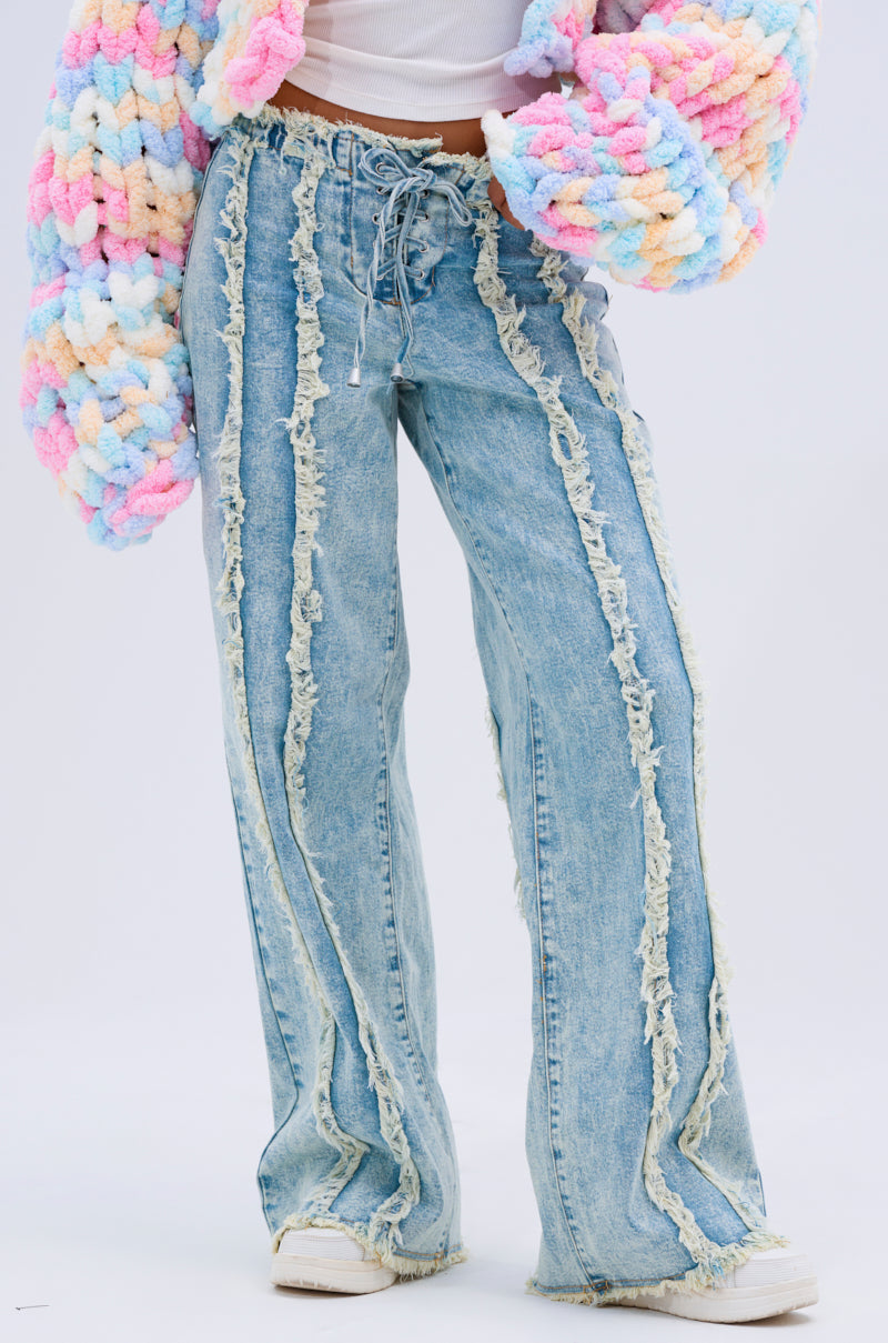 EILEEN DISTRESSED LACE UP WIDE LEG JEAN