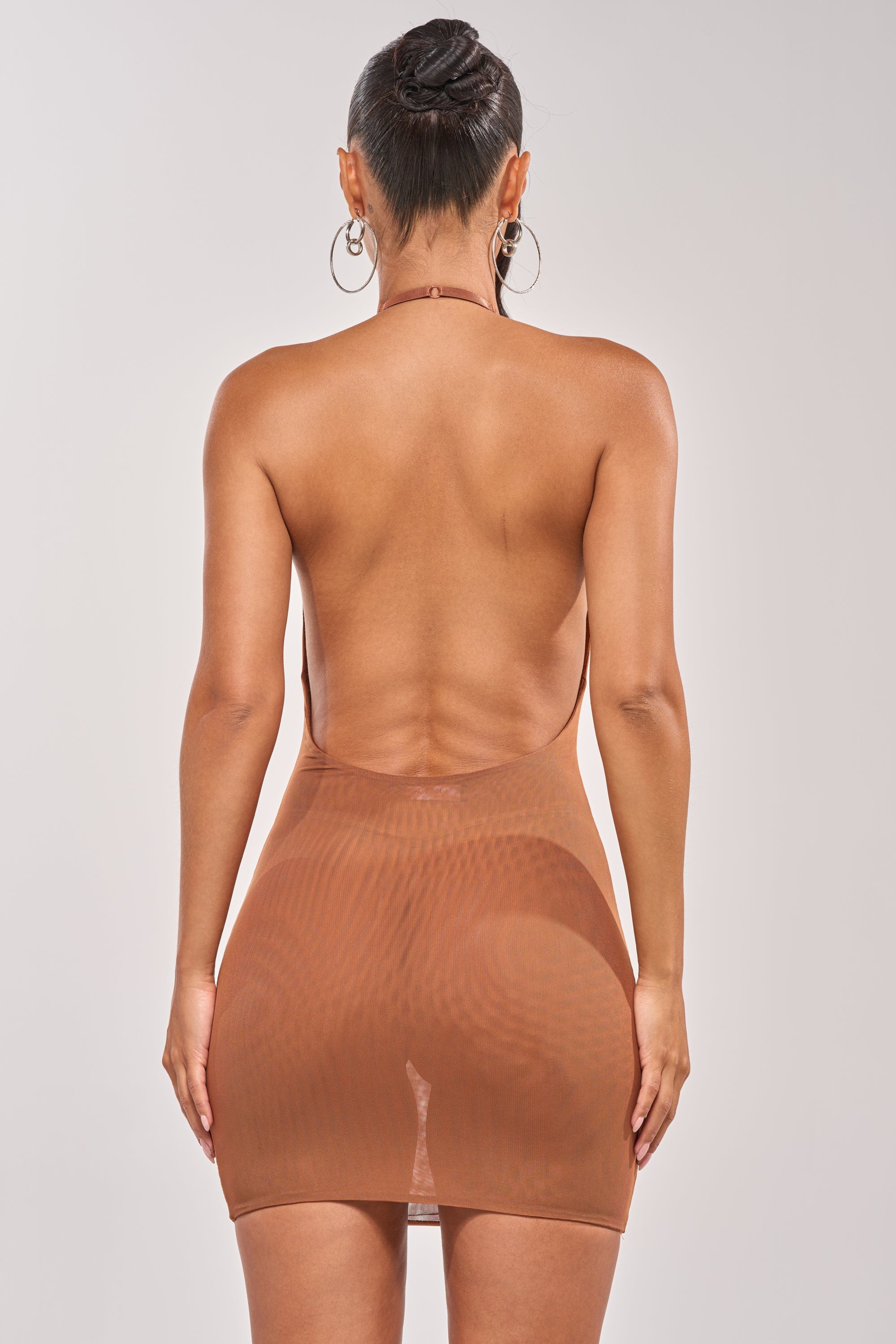 BARELY THERE MESH MINI DRESS IN BROWN