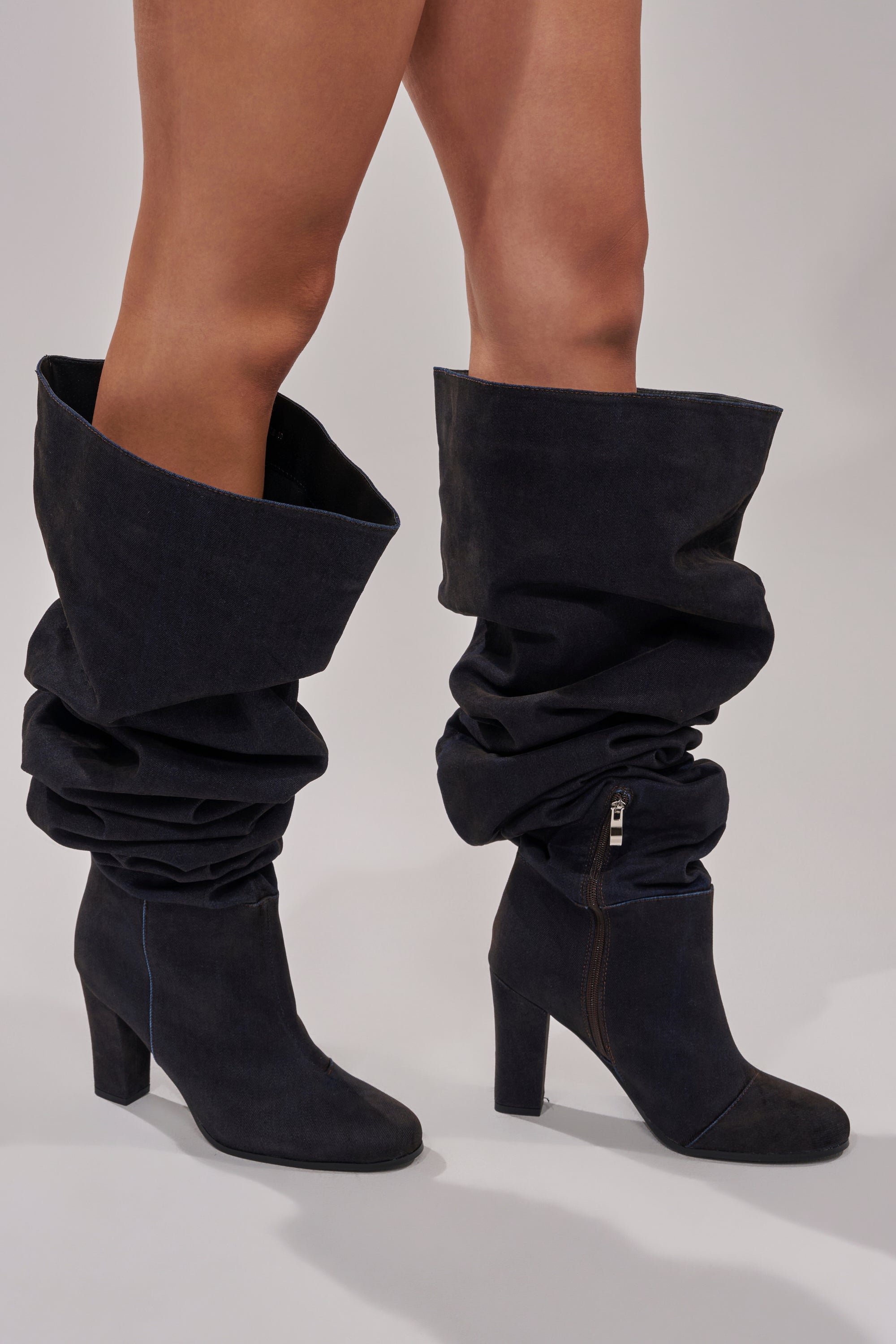 AZALEA WANG NANETTE BLACK DENIM SLOUCHY BLACK ROUND TOE CHUNKY BOOT