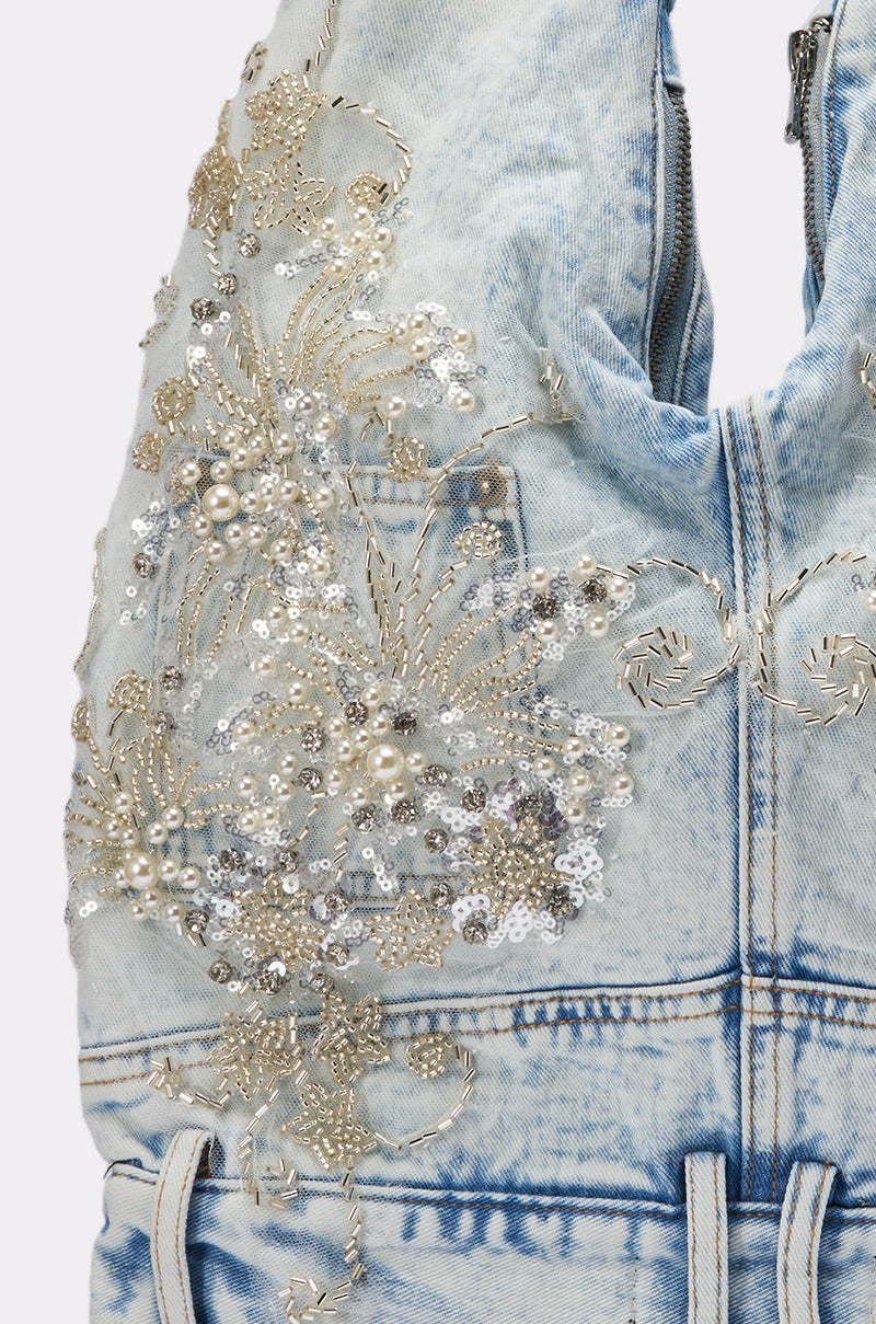 BLESSING IN DENIM EMBELLISHED SHOULDER BAG