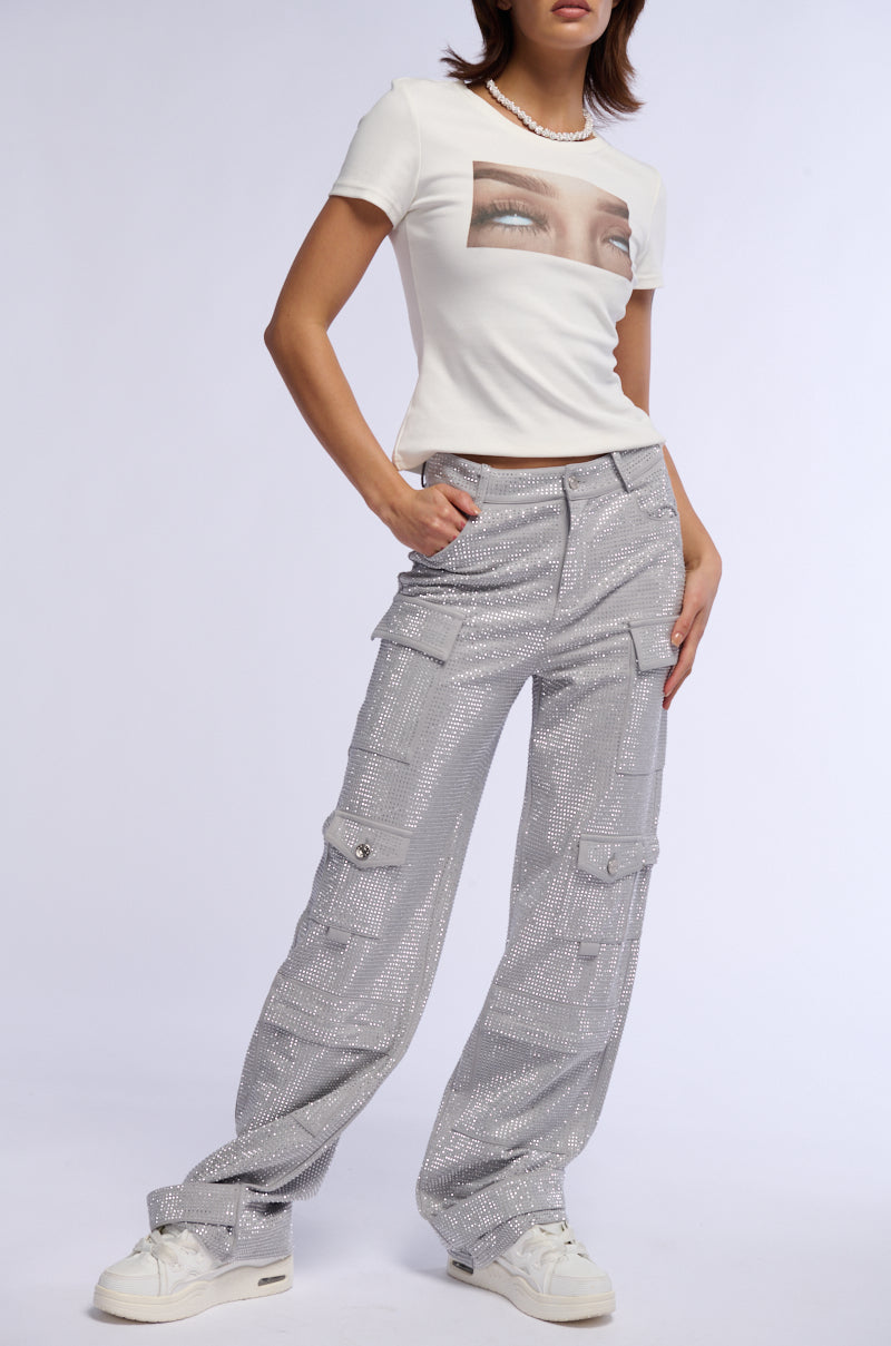 AMMO BONNE SOIREE RHINESTONE CARGO PANTS IN GREY