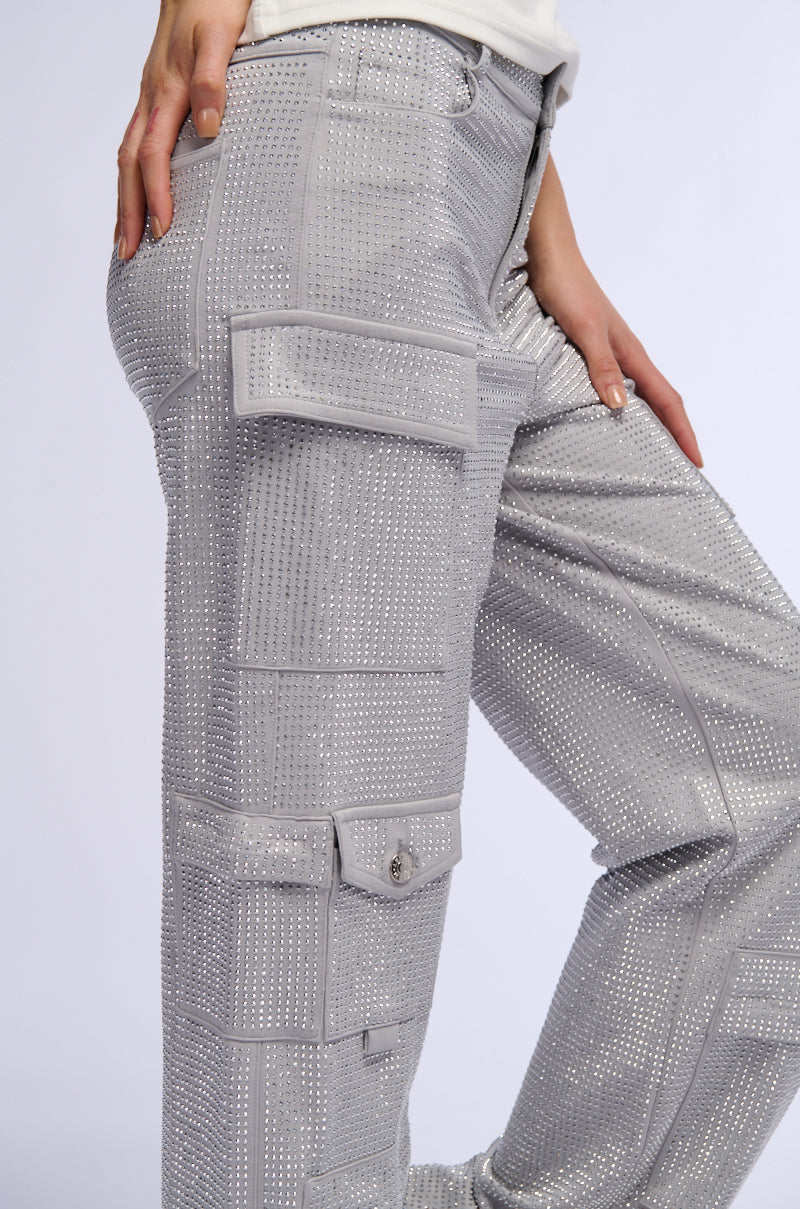 AMMO BONNE SOIREE RHINESTONE CARGO PANTS IN GREY