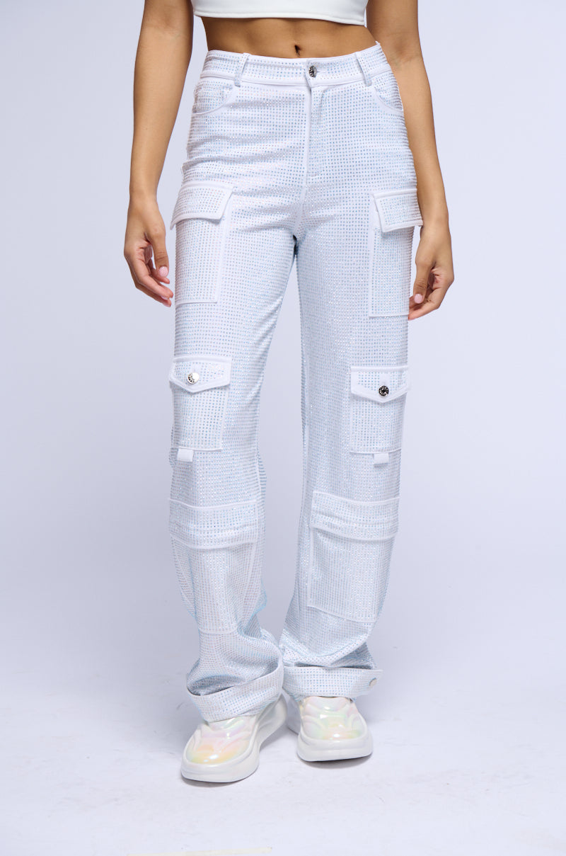AMMO BONNE SOIREE RHINESTONE CARGO PANTS IN WHITE