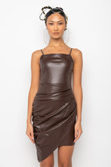 ANTHEM FAUX LEATHER MINI DRESS CHOCOLATE