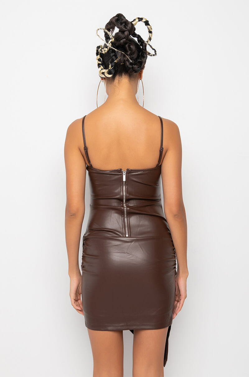 ANTHEM FAUX LEATHER MINI DRESS CHOCOLATE