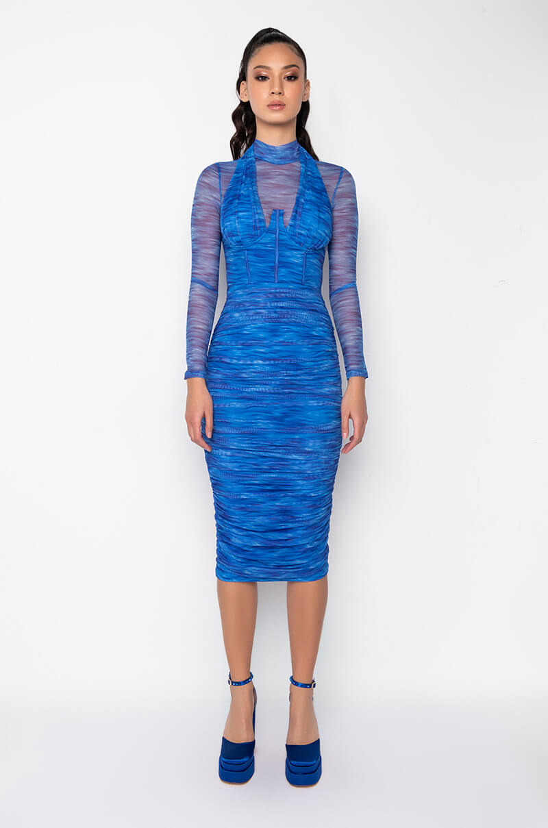 AQUA BABE MESH PRINTED MIDI DRESS