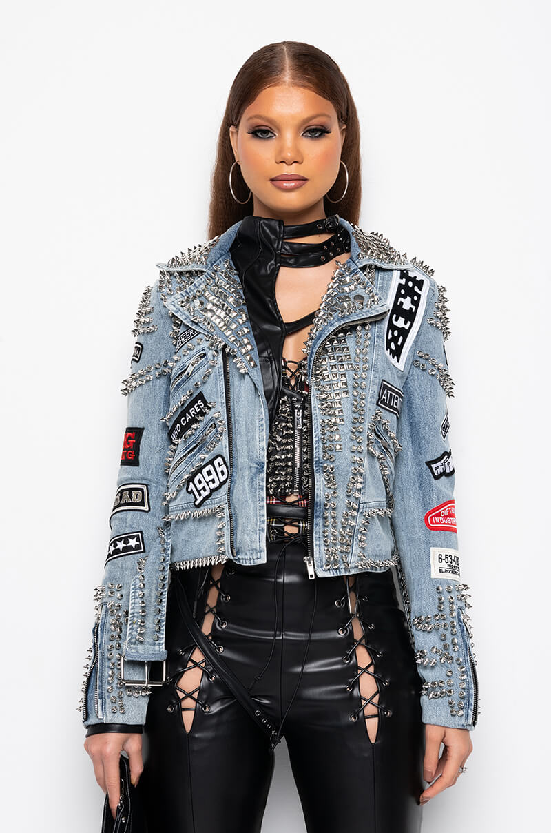 AZALEA WANG ACDC STUDDED PATCHWORK DENIM MOTO JACKET