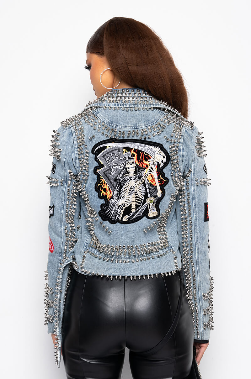 AZALEA WANG ACDC STUDDED PATCHWORK DENIM MOTO JACKET