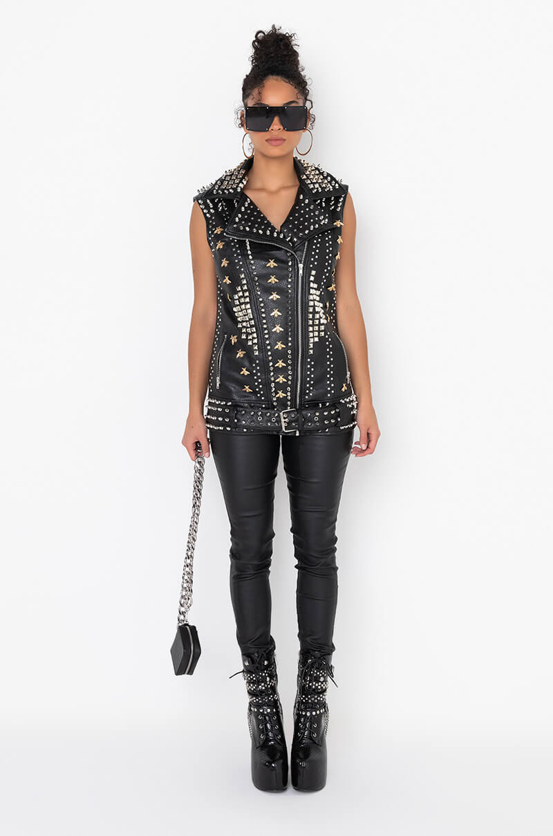AZALEA WANG BEEHIVE STUDDED OUT OVERSIZED MOTO VEST