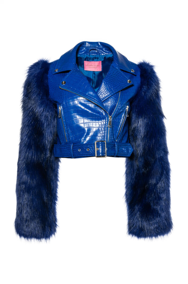 AZALEA WANG BLUE NOLLA FAUX FUR ARMS CROC MOTO JACKET