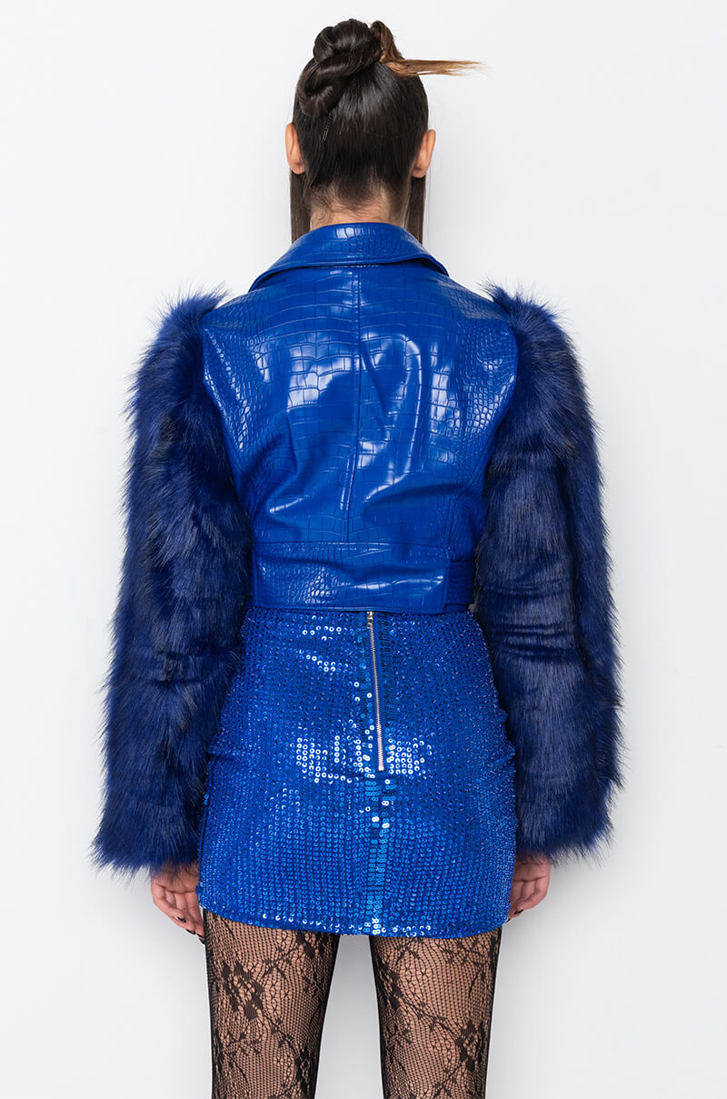 AZALEA WANG BLUE NOLLA FAUX FUR ARMS CROC MOTO JACKET