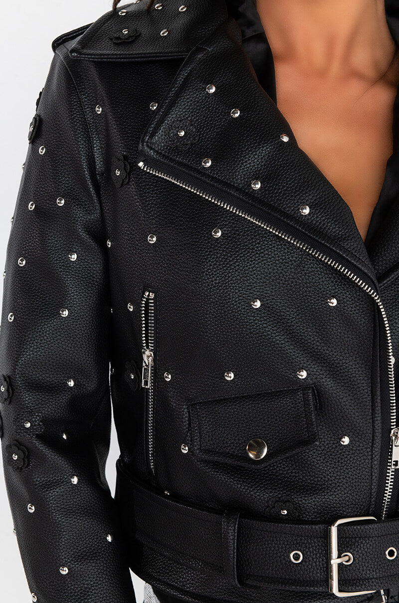 AZALEA WANG ANWAR BLACK FLOWER MOTO JACKET