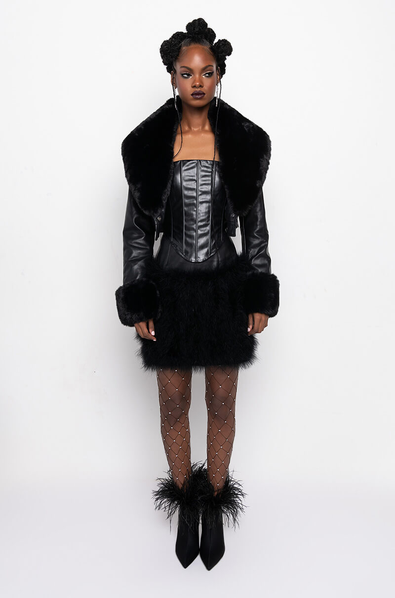 AZALEA WANG FUR TRIM GISELLE CROP JACKET IN BLACK
