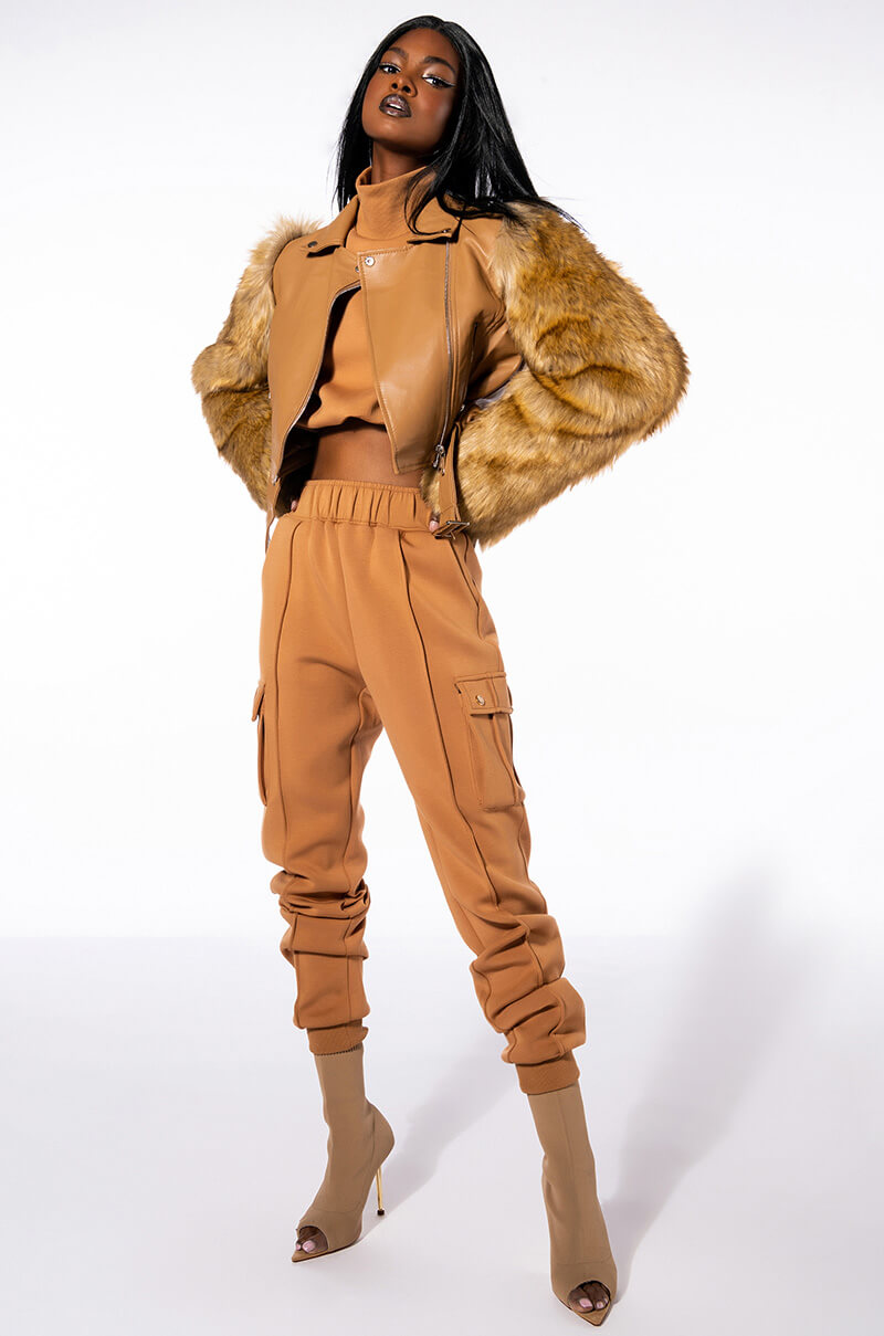 AZALEA WANG NOLLIE FAUX FUR ARMS MOTO JACKET
