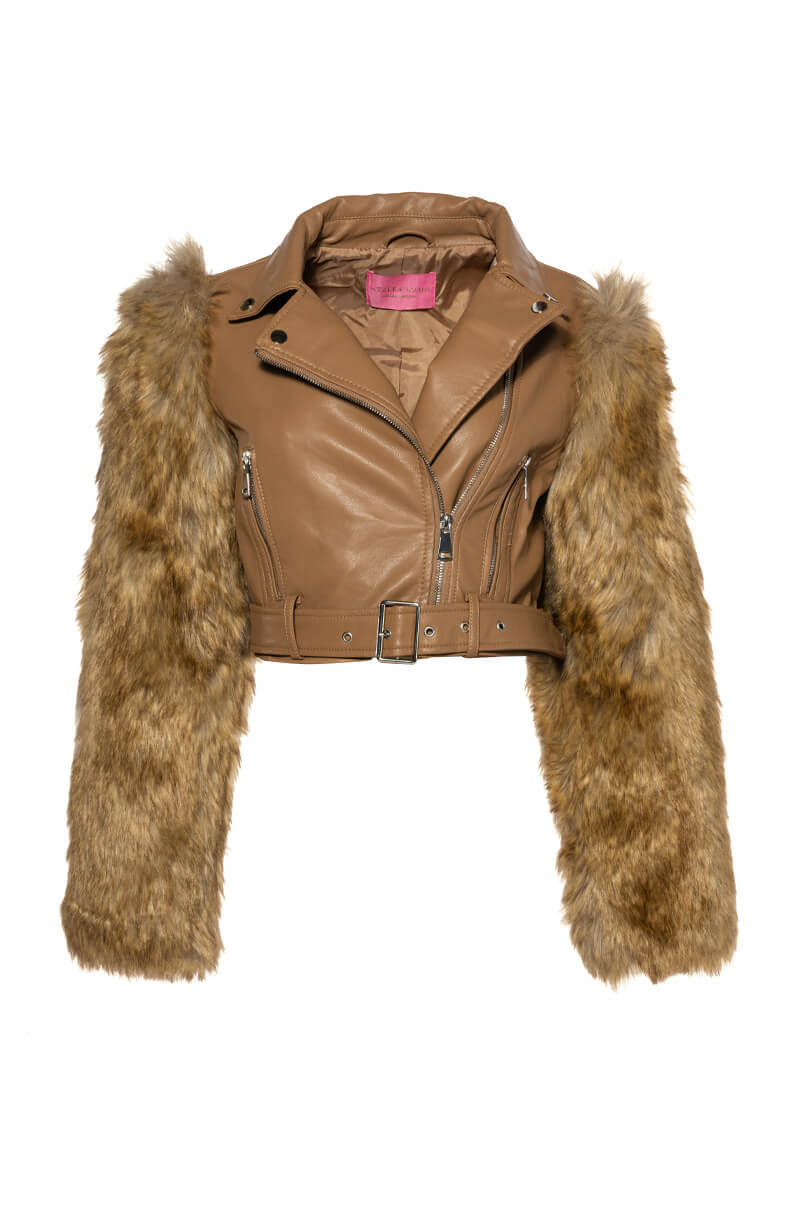 AZALEA WANG NOLLIE FAUX FUR ARMS MOTO JACKET