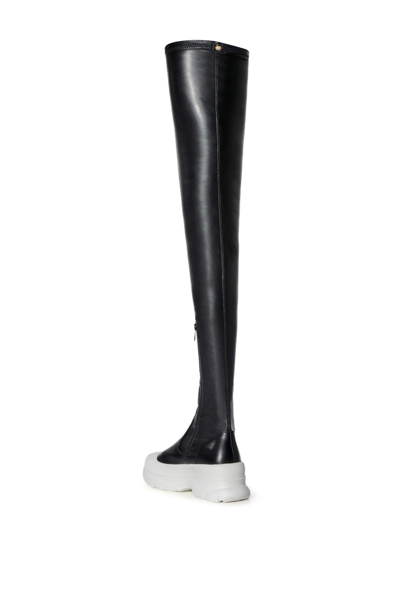 AZALEA WANG OH MY LOVE FAUX LEATHER THIGH HIGH FLATFORM SNEAKER BOOT WITH 4 WAY STRETCH IN BLACK