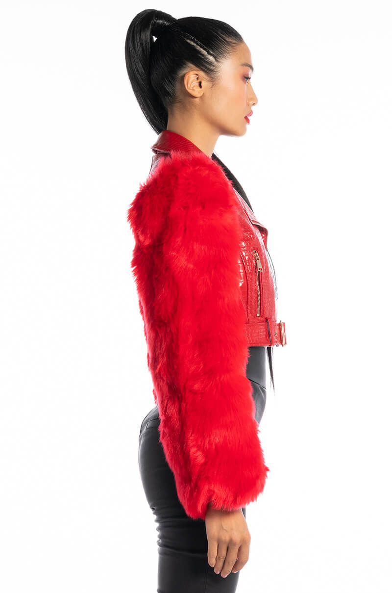 AZALEA WANG RED NOLLA FAUX FUR ARMS CROC MOTO JACKET