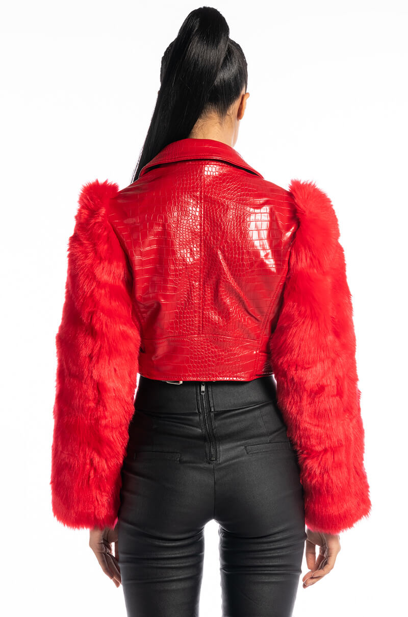 AZALEA WANG RED NOLLA FAUX FUR ARMS CROC MOTO JACKET