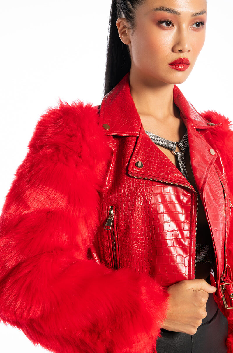 AZALEA WANG RED NOLLA FAUX FUR ARMS CROC MOTO JACKET