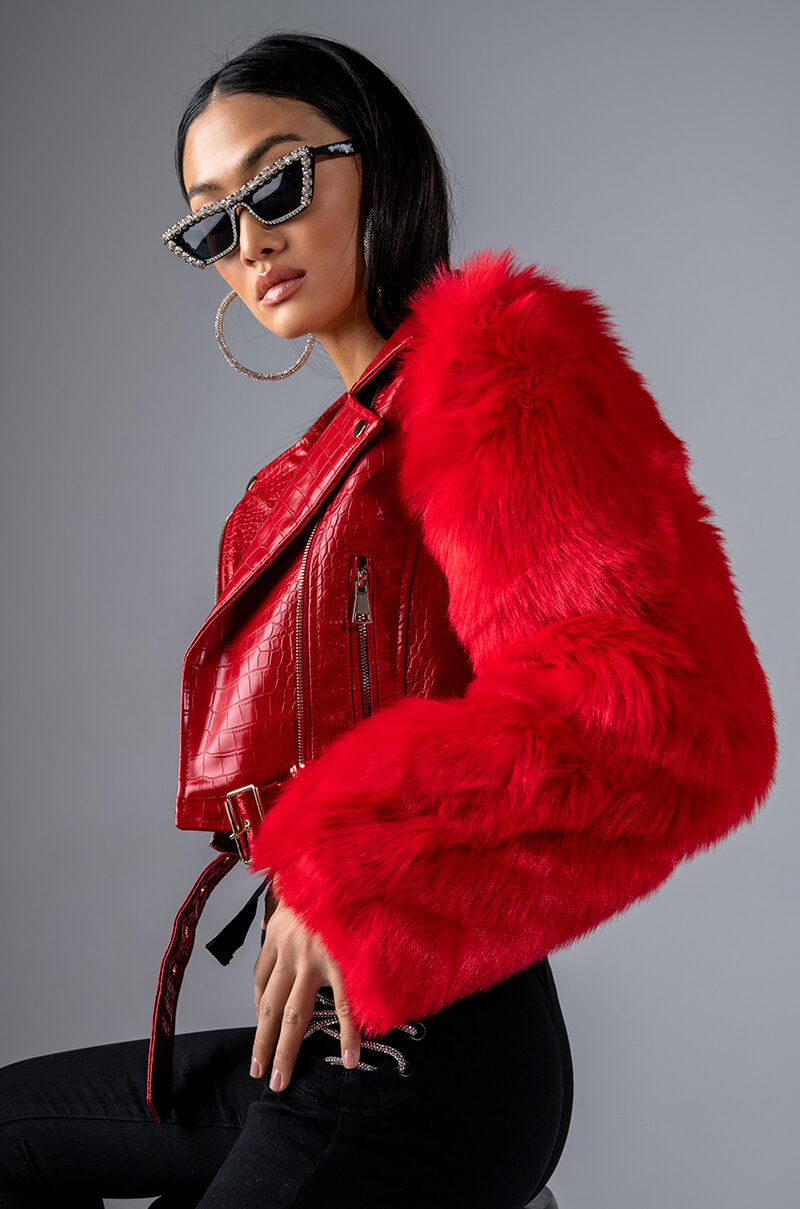 AZALEA WANG RED NOLLA FAUX FUR ARMS CROC MOTO JACKET