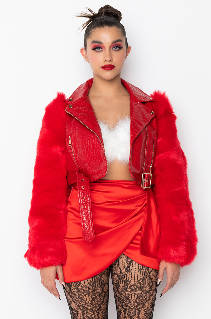 AZALEA WANG RED NOLLA FAUX FUR ARMS CROC MOTO JACKET