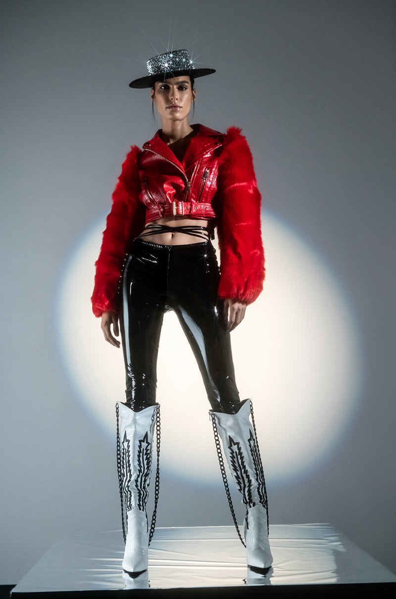 AZALEA WANG RED NOLLA FAUX FUR ARMS CROC MOTO JACKET