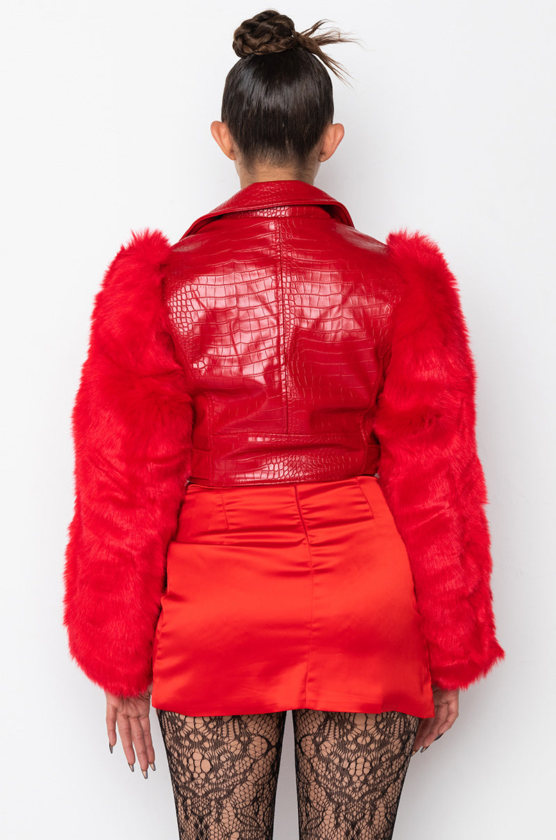 AZALEA WANG RED NOLLA FAUX FUR ARMS CROC MOTO JACKET