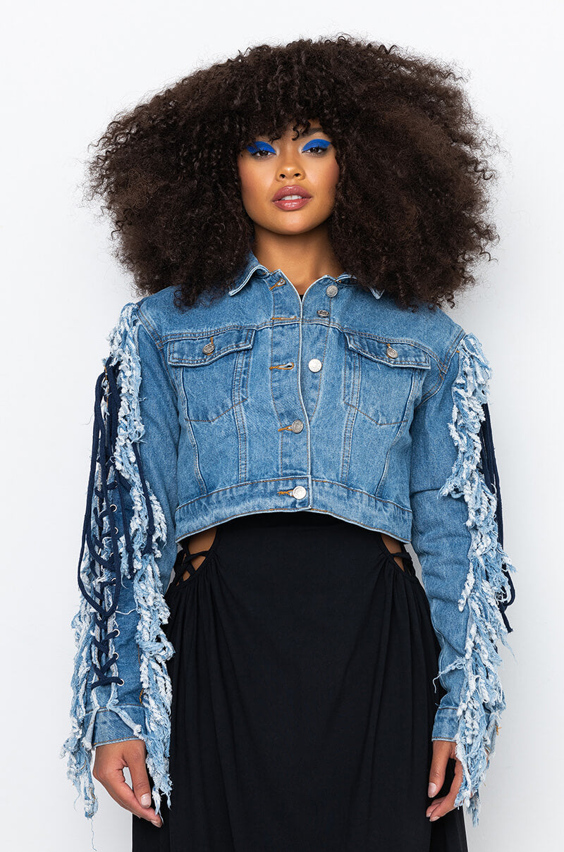 AZALEA WANG RINNA LACE UP FRINGE DENIM JACKET