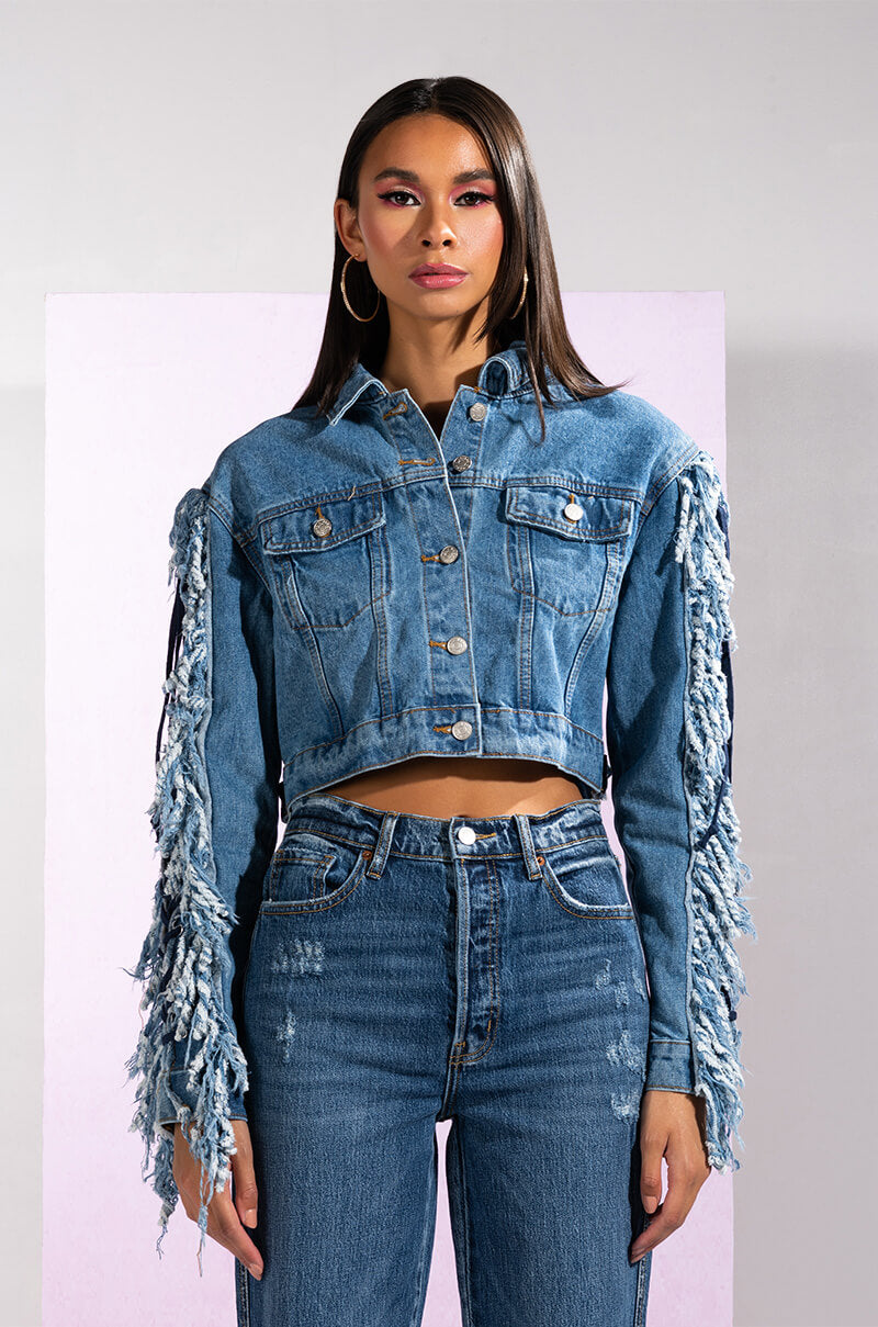 AZALEA WANG RINNA LACE UP FRINGE DENIM JACKET