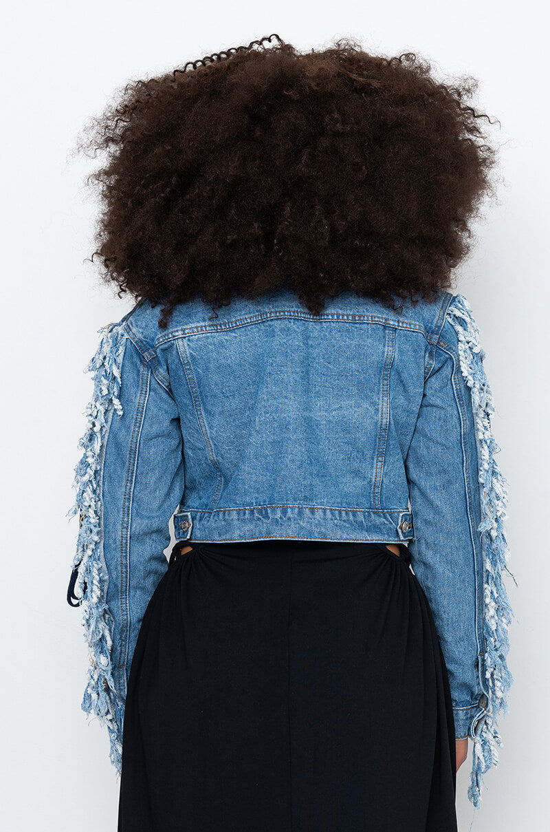 AZALEA WANG RINNA LACE UP FRINGE DENIM JACKET