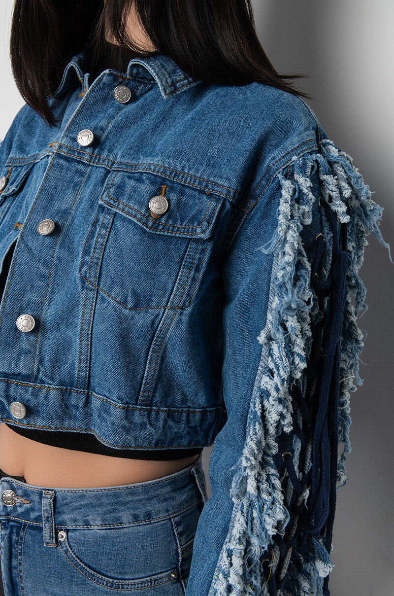 AZALEA WANG RINNA LACE UP FRINGE DENIM JACKET
